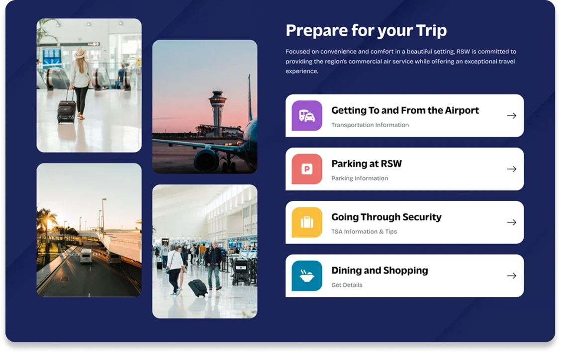 The Prepare for your Trip section of flylcpa.com, with links to transportation, parking, security, and dining